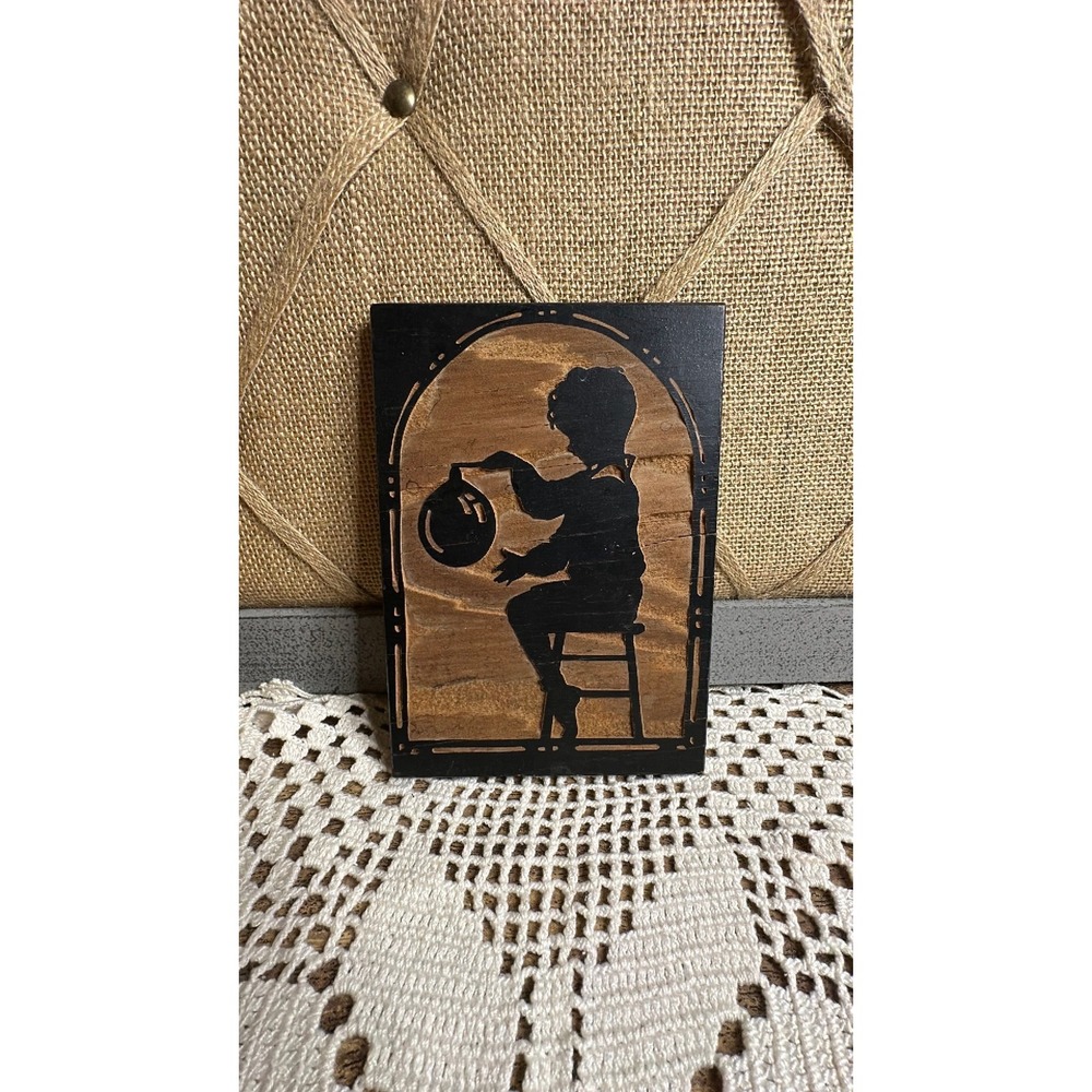 Vintage Etcht-Kraft Wood Cut Silhouette of Boy Sitting with a Balloon Artwork